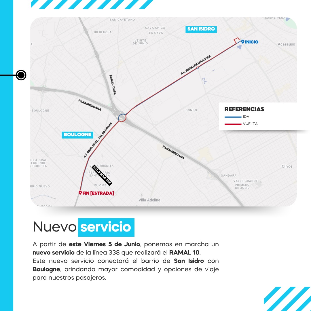 talp338's tweet photo. ⚠️Atención 📢
Usuarios Línea TALP 338

A partir del viernes 5 de junio comienza a funcionar un nuevo servicio (Ramal 10) que conectará San Isidro con Boulogne, sumando una nueva alternativa para viajar de forma más cómoda y eficiente. https://t.co/m79UevJD98
