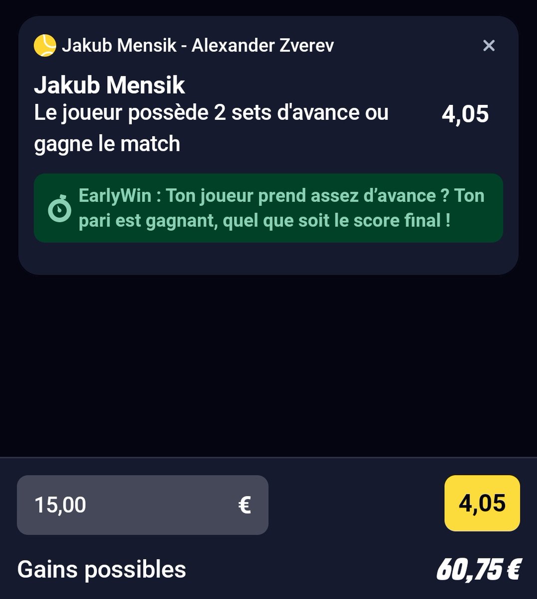 MultiPronos__'s tweet photo. 3ème prono tennis du jour 🎾 

#RolandGarros 🇫🇷

👉 Mensik (garantie)
📊 4,05
💸1,5%  
⏰️14h30

Petit 🎁 pour tous ceux qui follow le compte aujourd'hui !

❤️/♻️ pour le soutien 
#TeamParieur https://t.co/rvtlbm1UpH