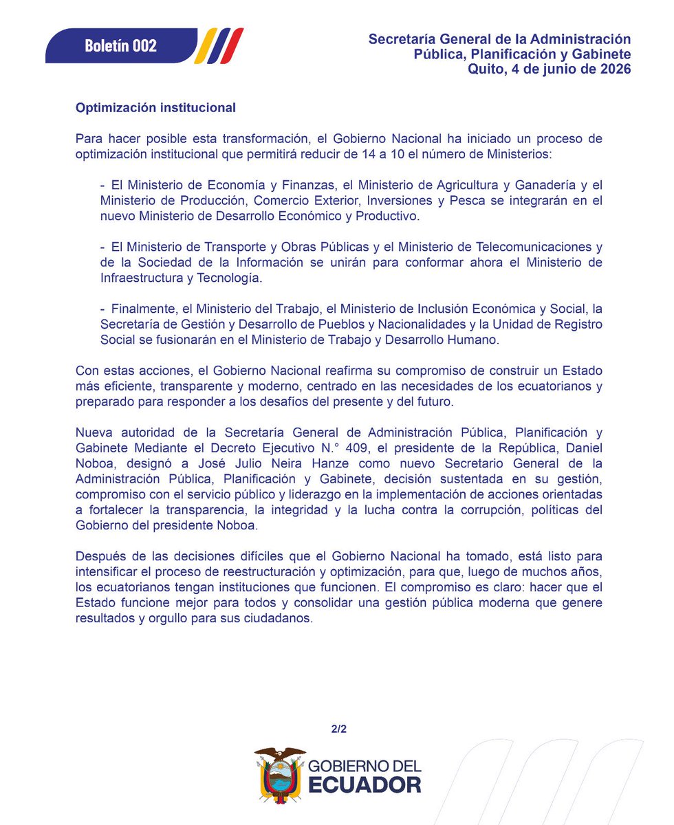 PlanificacionEc's tweet photo. 📄Boletín | ¡El Gobierno Nacional impulsa la transformación del Estado para brindar servicios más ágiles, eficientes y modernos a la ciudadanía!🇪🇨
Con la designación de @JoseJulioNeira, como nuevo Secretario General de la Administración Pública, Planificación y Gabinete, el presidente de la República, @DanielNoboaOk, profundiza la ruta hacia la optimización de recursos, el fortalecimiento de las capacidades institucionales y el mejoramiento de servicios para todos los ecuatorianos.
