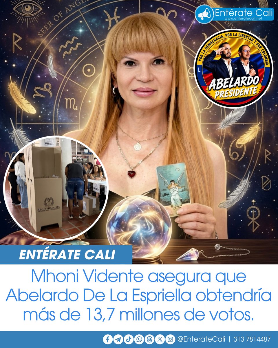 EnterateCali's tweet photo. La astróloga cubana Mhoni Vidente volvió a generar controversia tras asegurar que Abelardo de la Espriella sería el ganador de la segunda vuelta presidencial en Colombia. Según afirmó, sus cartas le muestran una nueva etapa para el país y una amplia victoria del candidato, quien, de acuerdo con su pronóstico, superaría los 13,7 millones de votos en las urnas.

Las declaraciones se hicieron virales en redes sociales y provocaron opiniones divididas. Mientras algunos seguidores consideran que la vidente ha acertado en predicciones anteriores, otros recuerdan que este tipo de pronósticos no tienen respaldo estadístico y pertenecen exclusivamente al ámbito esotérico. La segunda vuelta presidencial se realizará el próximo 21 de junio.
