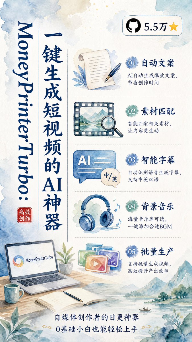 CY_Chase_AI's tweet photo. MoneyPrinterTurbo是GitHub热门开源项目，依托AI实现短视频全流程自动化混剪，主打降低内容剪辑重复工作量。

一、工具到底是什么
它是一套全自动素材剪辑流水线，不能凭空生成画面，依靠现有无版权素材组合成片。仅需输入一个创作主题，程序自动串联整套��作流程：
1. 对接大模型生成中英文口播文案，也支持创作者自行录入文案；
2. 根据文案关键词，从Pexels、Pixabay等正版免费素材库抓取高清实拍短视频片段；
3. 通过TTS语音合成自动生成旁白配音，多种音色可选；
4. 跟着配音节奏自动生成时间轴字幕，字体、配色、大小均可自定义；
5. 选配背景音乐并调节音量，最终一键导出9:16竖屏、16:9横屏1080P成品视频。

额外附带实用能力：同主题批量生成多版成片，方便择优选用；既可以在线拉取网络素材，也能导入本地保存的视频、图片素材做自动剪辑。项目采用MIT开源协议，代码开放可自主调整优化。

二、实际落地能实现什么效果
正常选题下，短短数分钟就能输出一条带配音、字幕、背景音乐的完整短视频。
若是导入图片素材，工具自动做成图文轮播解说视频；导入短视频素材，则自动裁切画面时长、匹配台词完成混剪，成片完成度接近基础人工剪辑水准。
局限性：冷门题材容易出现画面和文案匹配度不足，成片大多需要小幅人工微调；文案生成依赖大模型接口，接口超出免费额度后会产生使用成本。

三、适配使用人群
1. 自媒体内容创作者：深耕科普、感悟、知识分享类账号，用来批量测试选题素材，减少每日反复找素材、配字幕的机械工作，提升内容筹备效率；
2. 电商运营从业者：快速制作产品种草短片，多版本素材批量试剪，降低单品短视频的制作耗时；
3. 剪辑零基础爱好者：不懂剪辑软件操作，想用低成本制作日常分享短片，免去学习剪映等工具的上手成本；
4. 内容研发、技术爱好者：基于开源代码研究短视频自动化逻辑，按需二次开发定制功能。