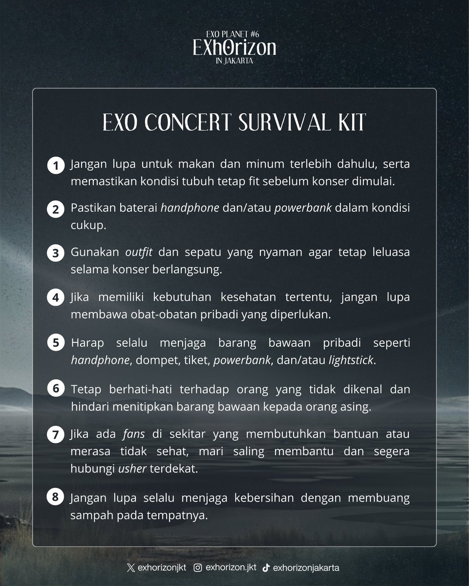 exhorizonjkt's tweet photo. [ 𝐁𝐞𝐟𝐨𝐫𝐞 𝐖𝐞 𝐌𝐞𝐞𝐭 𝐄𝐗𝐎 ]

EXhOrizon Jakarta is almost here! 

Sebelum keseruan akhir pekan ini dimulai, yuk luangkan sedikit waktu untuk membaca beberapa panduan dan pengingat yang sudah kami siapkan.

Mari bersama-sama menciptakan pengalaman konser yang aman, nyaman, dan menyenangkan untuk semua EXO-L ✨

Stay safe, take care of each other, and see you tomorrow! 🥹❤

#EXhOrizon_JKT