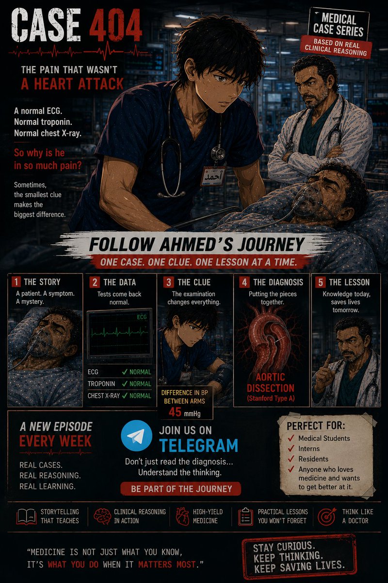 o_o_dr's tweet photo. 🚨 Welcome to CASE 404

A medical storytelling series where every case is a mystery.

🩺 Real clinical reasoning
📚 High-yield learning
🔍 Hidden clues
🎭 Unforgettable patients

Follow Ahmed as he solves challenging cases, one clue at a time.

New episodes every week.

📲 Telegram:
https://t.co/65Qa1eGfxz

#Case404 #MedicalEducation #ClinicalReasoning #InternalMedicine #EmergencyMedicine #MedTwitter