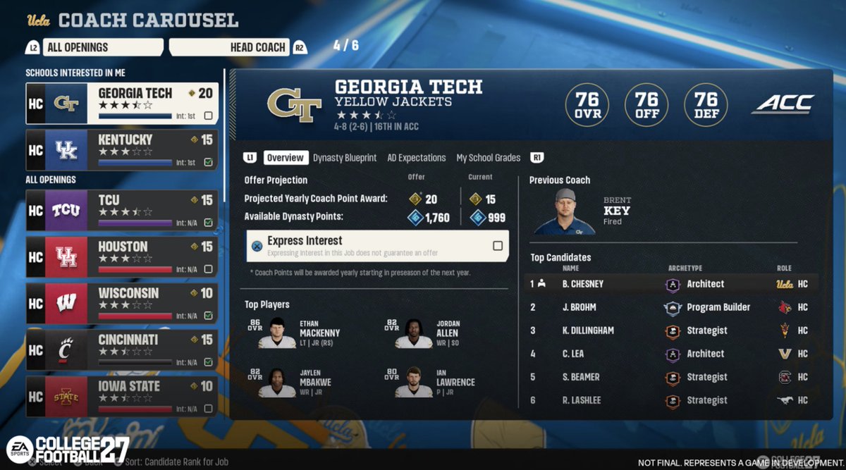 ChrisVannini's tweet photo. @davidubben Some visuals of what the new Dynasty Mode menus look like with the spending on players, recruits, coaches and facilities. 

Story: https://t.co/XzWvtApsQE https://t.co/b5aKjptz4A