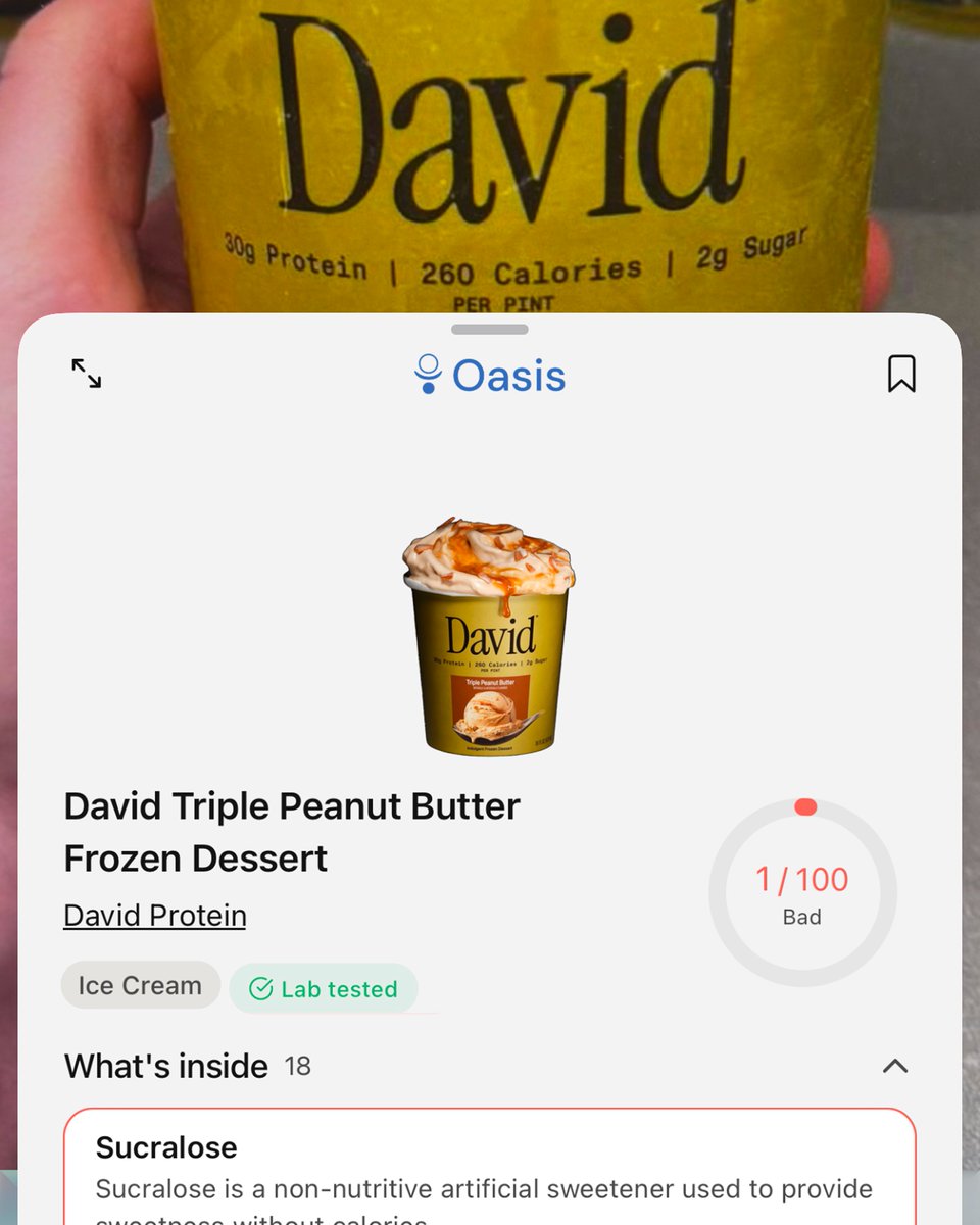 oasishealthapp's tweet photo. David's protein "ice cream" is not legal ice cream

FDA requires ice cream to have 10% milkfat. David doesn't come close

30g protein, 200 calories per pint sounds impossible because it kind of is:

- EPG, a lab-modified largely indigestible plant fat
- sweetness from sucralose and allulose
- texture from guar gum, locust bean gum, glycerin
- protein from whey isolate