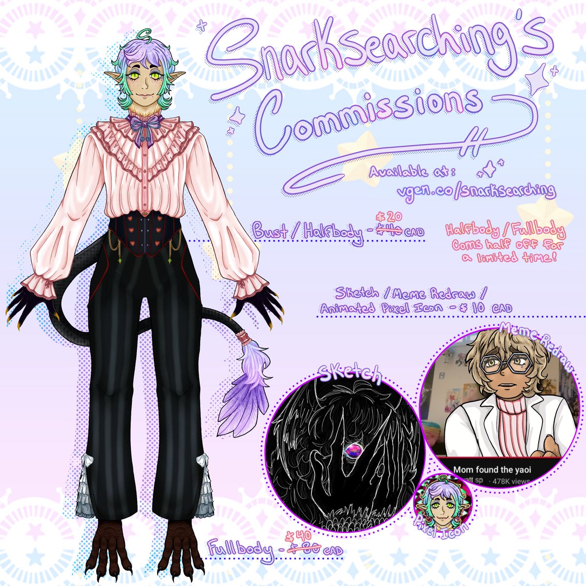 snarksearching's tweet photo. hello everyone, to celebrate the opening of my vgen, my half/fullbody coms are currently 50% off !! 🩷 link in bio 🥰
#commissionsheet #artcommission #commissionwork https://t.co/Wf3YWygDyf