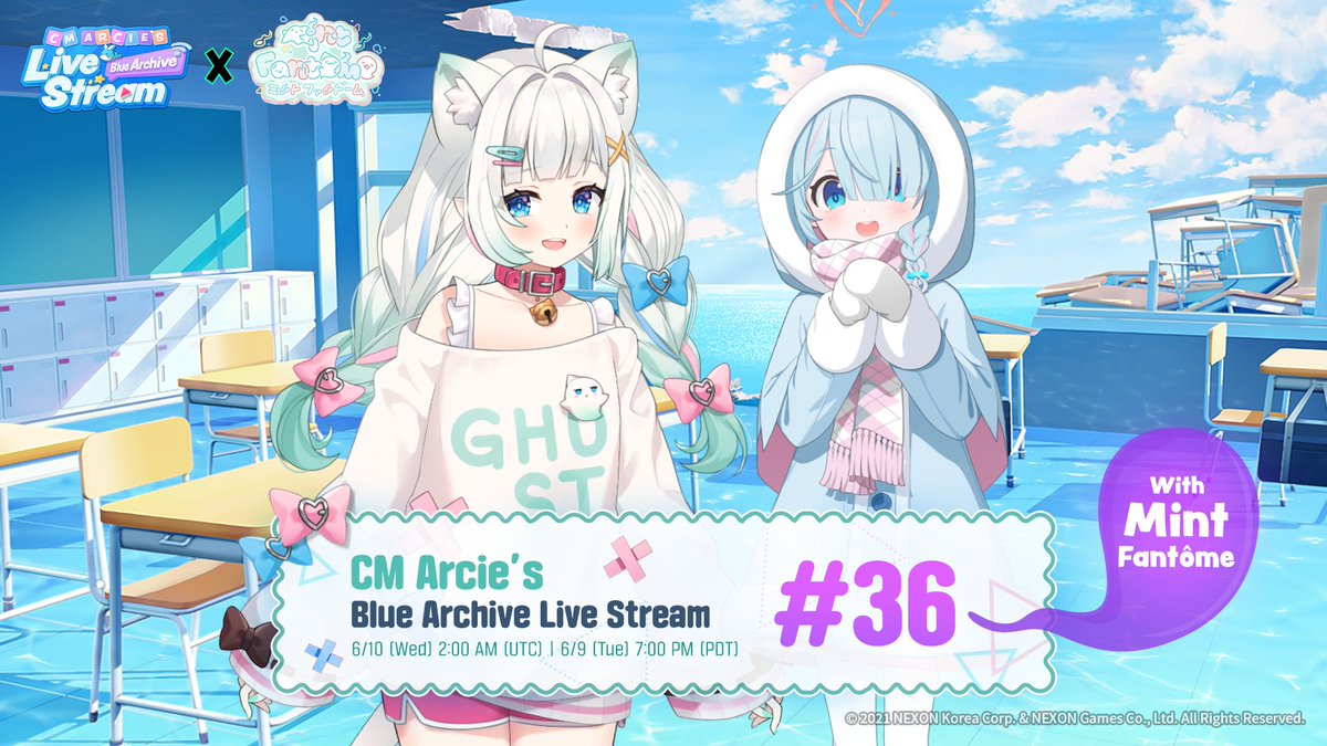 EN_BlueArchive's tweet photo. She's back,   Sensei!

Mint Fantôme   returns as a special guest for CM Arcie's Blue Archive Live Stream #36.👻

🗓️ Date & Time: 6/10 (Wed) 2:00 AM (UTC)   | 6/9 (Tue) 7:00 PM (PDT)
➡️YouTube: https://t.co/InQiw46YTT
➡️Twitch: https://t.co/sZsWdO6nOa

Meet our special guest, Mint Fantôme!
👻 YouTube: https://t.co/ATB760n5dF
👻 X: https://t.co/39gKAloZNx

#BlueArchive   #CMArcie #MintFantome