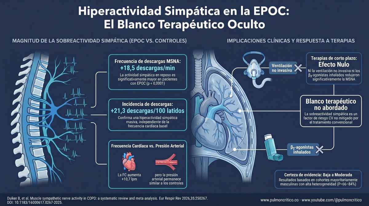 abrahamalimd's tweet photo. ¿Por qué los pacientes con EPOC mueren más de causa cardiovascular que respiratoria?

Una pista está en el sistema nervioso autónomo. Primer metaanálisis (10 estudios, 171 EPOC vs 105 controles) que cuantifica la actividad simpática muscular (MSNA) medida por microneurografía —el estándar de oro.

Hallazgo central:
▸ MSNA (frecuencia de descargas): +18,5/min (IC95% 9,4–27,7; p<0,0001)
▸ Incidencia: +21,3/100 latidos (IC95% 9,2–33,4)
▸ FC reposo: +10,7 lpm (IC95% 6,1–15,3)
▸ Presión arterial: SIN diferencia

La paradoja es clave: hiperactivación simpática sostenida con PA normal (posible transducción vascular atenuada / adaptación barorrefleja). Y la VNI y los β2-agonistas de corto plazo NO la corrigen.

Implicación práctica: la FC elevada en reposo podría ser un marcador clínico de este desbalance autonómico, y el simpático un blanco terapéutico (β-bloqueo, ejercicio) aún no explotado en EPOC. Certeza GRADE baja-moderada (I²=66–84%).

DOI: 10.1183/16000617.0267-2025

https://t.co/EeBneaOHMC · https://t.co/FxPGTLTfcp

#EPOC #Neumología #RiesgoCardiovascular #EBM
