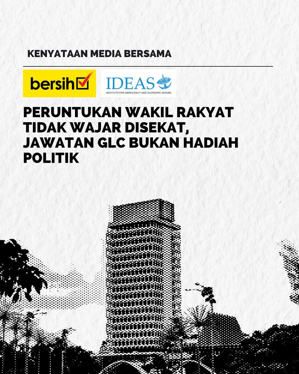 bersihofficial's tweet photo. KENYATAAN MEDIA BERSAMA OLEH BERSIH & IDEAS

Peruntukan Wakil Rakyat Tidak Wajar Disekat, Lantikan Politik Bukan Hadiah Politik

Kuala Lumpur, 4 Jun 2026: Gabungan Pilihan Raya Bersih dan Adil (BERSIH) dan Institut Hal Ehwal Demokrasi dan Ekonomi (IDEAS) ingin menyatakan pendirian berhubung beberapa perkembangan terkini yang menyentuh aspek tadbir urus, kebertanggungjawaban dan amalan demokrasi di Malaysia. 

Kami berpandangan bahawa tindakan menyekat peruntukan kepada Ahli Parlimen tertentu serta ketiadaan akses yang konsisten kepada peruntukan pembangunan bagi Ahli Parlimen pembangkang menunjukkan bahawa usaha mewujudkan medan persaingan politik yang lebih adil dan saksama masih belum direalisasikan sepenuhnya.

Terbaharu, Ahli Parlimen Subang, YB Wong Chen dan Ahli Parlimen Petaling Jaya, YB Lee Chean Chung dilaporkan tidak lagi dapat mengakses laman sesawang Unit Penyelarasan Pelaksanaan (ICU) bagi memohon peruntukan pembangunan untuk kawasan masing-masing. 

Oleh itu, akses kepada peruntukan pembangunan tidak wajar ditentukan oleh perbezaan pendirian politik atau hubungan dengan pihak kerajaan. Peruntukan awam pada asasnya bertujuan untuk manfaat rakyat dan pembangunan kawasan, bukan sebagai instrumen ganjaran atau hukuman politik.

Kami juga ingin mengambil perhatian terhadap kenyataan Pengerusi DAP Johor, YB Teo Nie Ching, yang dilaporkan menyatakan bahawa pelantikan ke jawatan dalam syarikat berkaitan kerajaan (GLC) atau badan berkanun boleh dipertimbangkan untuk bekas ADUN Skudai sekiranya beliau tidak lagi memegang jawatan wakil rakyat selepas Pilihan Raya Negeri Johor akan datang.

Kami menegaskan bahawa pelantikan ke GLC dan badan berkanun perlu berasaskan merit, kelayakan dan keperluan institusi, bukan pertimbangan politik kepartian. Proses pelantikan yang tidak telus atau dilihat dipengaruhi politik boleh menjejaskan keyakinan awam terhadap integriti institusi. Kebimbangan ini disokong oleh dapatan penyelidikan IDEAS melalui inisiatif Pantau Kuasa dan laporan Who Sits at the Table: From Political to Public Appointees in Malaysia's Federal Statutory Bodies. 

Sehingga Oktober 2025, IDEAS merekodkan 238 pelantikan politik ke lembaga GLC dan badan berkanun persekutuan di bawah Kerajaan Madani. Laporan sama turut mendapati 78% jawatan pengerusi badan berkanun diisi individu berkait politik, selain ketiadaan kerangka perundangan yang menyeluruh dan piawaian kelayakan yang jelas. Ini meningkatkan risiko pertimbangan politik mengatasi merit, kepakaran dan kepentingan awam dalam pelantikan institusi penting. 

Sehubungan itu, kami menegaskan bahawa pelantikan ke GLC dan badan berkanun perlu dilaksanakan secara telus, berasaskan merit dan disertakan mekanisme semakan bebas. Jawatan GLC dan badan berkanun tidak wajar dijadikan pertaruhan atau hadiah sagu hati kepada mana-mana ahli politik yang kalah dalam pilihan raya. Amalan menjadikan jawatan tersebut sebagai ganjaran atau laluan politik adalah bertentangan dengan semangat reformasi tadbir urus serta mengukuhkan budaya penaungan politik.

Menjelang PRU-16, amat penting untuk semua parti dan ahli politik mendukung prinsip-prinsip demokrasi yang luhur. Dalam sebuah demokrasi yang matang, perbezaan prinsip dan fahaman politik tidak boleh dijadikan asas untuk mendiskriminasi mana-mana wakil rakyat atau menafikan hak rakyat yang diwakili mereka untuk mendapat manfaat daripada peruntukan awam. GLC atau badan berkanun juga tidak wajar dijadikan taruhan atau habuan kepada mana-mana ahli politik hanya kerana perubahan strategi atau menjaga kepentingan politik. Kepercayaan dan harapan rakyat terhadap institusi negara dan sistem politik yang kukuh dan matang tidak boleh diambil mudah. 

Dikeluarkan oleh:
Gabungan Pilihan Raya Bersih dan Adil (BERSIH)
Institut Hal Ehwal Demokrasi dan Ekonomi (IDEAS)