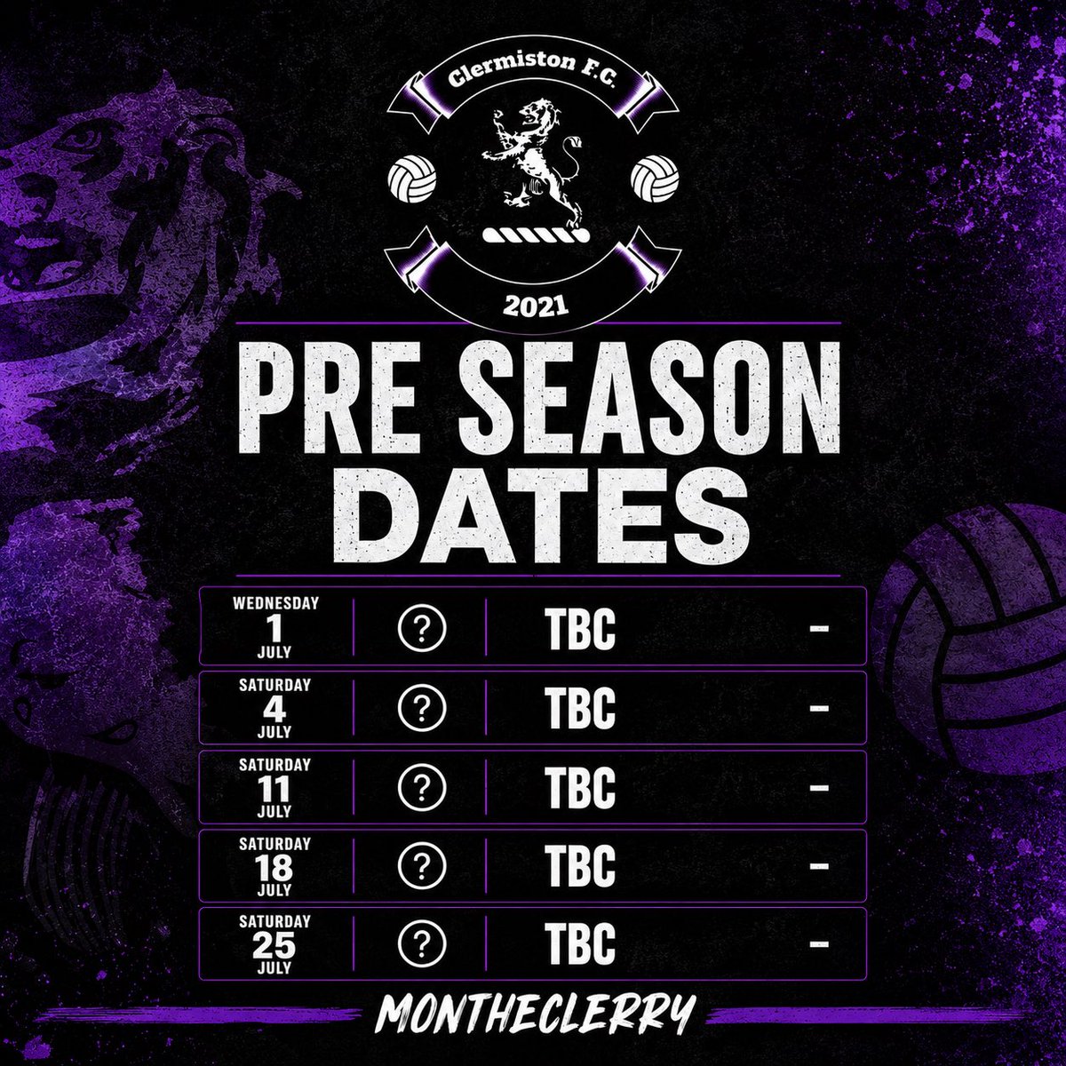 clermiston_fc's tweet photo. ⚽️ PRE-SEASON 2026 ⚽️

Dates available below⬇️

📅 Wednesday 1st July
📅 Saturday 4th July
📅 Saturday 11th July
📅 Saturday 18th July
📅 Saturday 25th July

If you’re interested in arranging a fixture, drop us a message or contact us directly💜 https://t.co/NnSoBTelWP