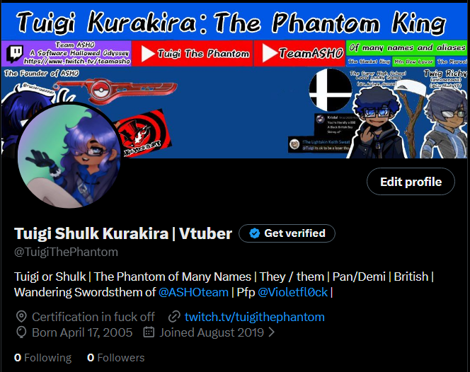 PhantomTuigi's tweet photo. Welp. My old AC got WRONGFULLY flagged as AI and zapped, so I'm repurposing this one as my new.

Hi, I was @/TuigiThePhantom.

If you know me and see this I would appreciate QRTs to try and get my moots back! https://t.co/VWT09oZYd6