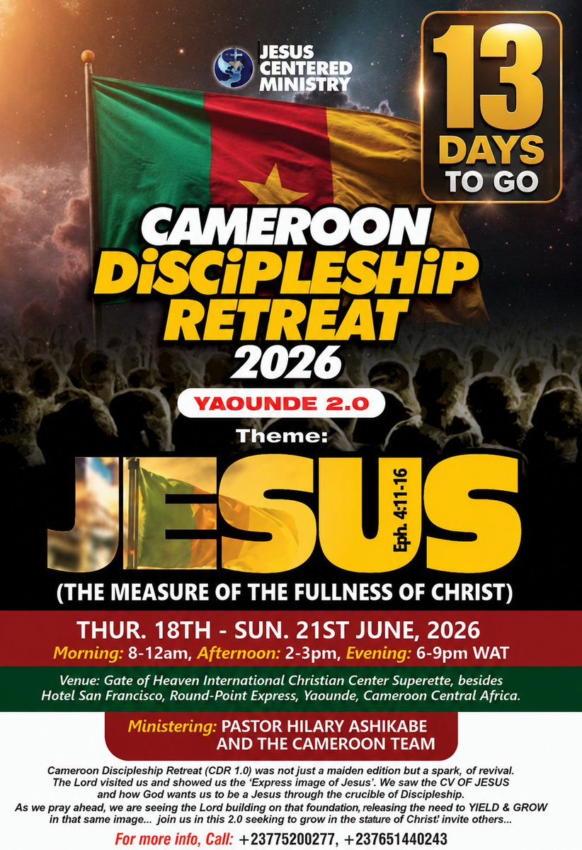 FuntehJ's tweet photo. Revival starts when we give our lives to Christ. 

Have you given every area of your life to Jesus Christ? 
Cameroon Discipleship Retreat 2.0 is a call to go deeper with God and grow spiritually. 
#13DaysToGo #Revival #Discipleship https://t.co/ABEx6wOIfQ