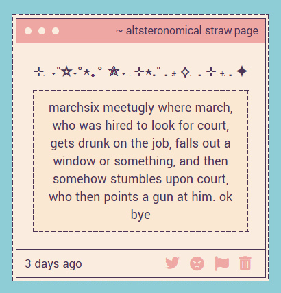 altsteronomical's tweet photo. #marchsix the concept of court evading assassins and hired mercs for years on end without getting discovered, only to have his cover blown by one (1) inebriated and pathetic private investigator who somehow walks off a 4 story fall unscathed is Really funny https://t.co/0r78SGt5cJ