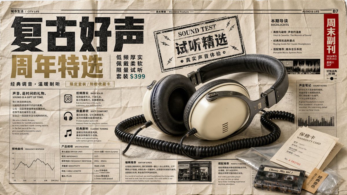 VigoCreativeAI's tweet photo. 把产品放在旧报纸上，它就不再是商品了——它变成了一件有来历的物件。

这组图用报纸版式做了 4 个品类：手冲咖啡、复古耳机、户外手表、抹茶蛋糕。 看着像旧物，其实卖的是新品。

拆一下 👇🧵 https://t.co/cSFBBDN44Q