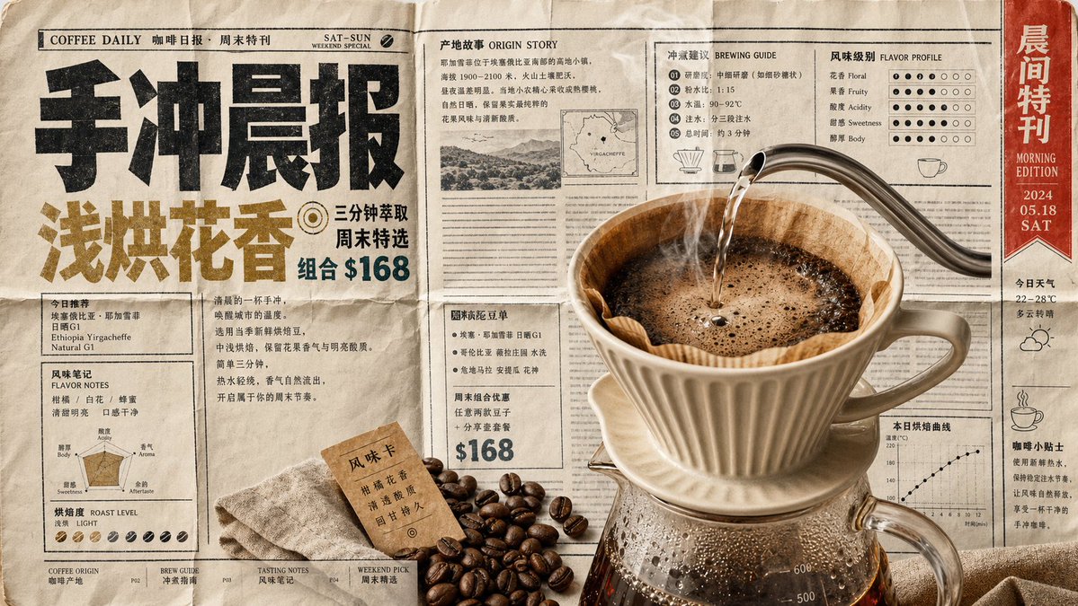 VigoCreativeAI's tweet photo. 把产品放在旧报纸上，它就不再是商品了——它变成了一件有来历的物件。

这组图用报纸版式做了 4 个品类：手冲咖啡、复古耳机、户外手表、抹茶蛋糕。 看着像旧物，其实卖的是新品。

拆一下 👇🧵 https://t.co/cSFBBDN44Q