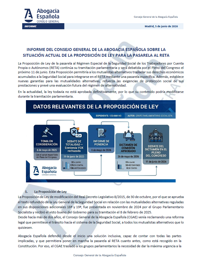 Abogacia_es's tweet photo. ⚖️ Abogacía Española analiza la situación actual de la tramitación parlamentaria de la Proposición de Ley sobre las mutualidades alternativas. 
 
Este proceso es decisivo para dar una solución justa a la situación de miles de profesionales de la abogacía, que garantice seguridad jurídica y proteja sus derechos.

Abogacía Española sigue defendiendo la urgencia de su aprobación y confía en que los grupos políticos, conscientes de la importancia de esta norma, incorporen mejoras en el texto final y amplíen su alcance a más compañeros, para tener una pensión justa y digna; un derecho que reconoce nuestra Constitución.

Descarga el documento completo: https://t.co/LRED9bewep