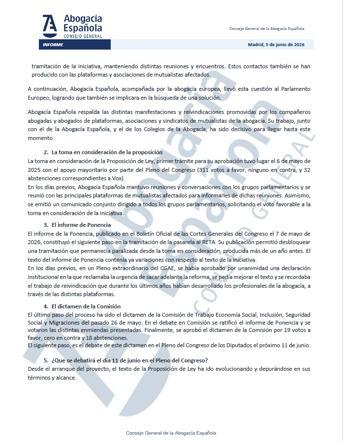 Abogacia_es's tweet photo. ⚖️ Abogacía Española analiza la situación actual de la tramitación parlamentaria de la Proposición de Ley sobre las mutualidades alternativas. 
 
Este proceso es decisivo para dar una solución justa a la situación de miles de profesionales de la abogacía, que garantice seguridad jurídica y proteja sus derechos.

Abogacía Española sigue defendiendo la urgencia de su aprobación y confía en que los grupos políticos, conscientes de la importancia de esta norma, incorporen mejoras en el texto final y amplíen su alcance a más compañeros, para tener una pensión justa y digna; un derecho que reconoce nuestra Constitución.

Descarga el documento completo: https://t.co/LRED9bewep