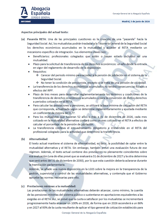 Abogacia_es's tweet photo. ⚖️ Abogacía Española analiza la situación actual de la tramitación parlamentaria de la Proposición de Ley sobre las mutualidades alternativas. 
 
Este proceso es decisivo para dar una solución justa a la situación de miles de profesionales de la abogacía, que garantice seguridad jurídica y proteja sus derechos.

Abogacía Española sigue defendiendo la urgencia de su aprobación y confía en que los grupos políticos, conscientes de la importancia de esta norma, incorporen mejoras en el texto final y amplíen su alcance a más compañeros, para tener una pensión justa y digna; un derecho que reconoce nuestra Constitución.

Descarga el documento completo: https://t.co/LRED9bewep