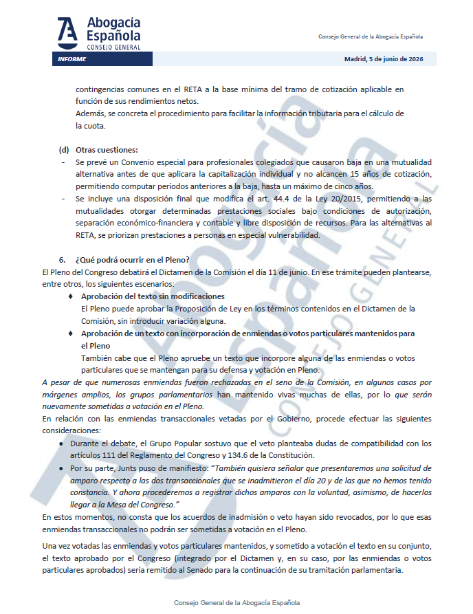 Abogacia_es's tweet photo. ⚖️ Abogacía Española analiza la situación actual de la tramitación parlamentaria de la Proposición de Ley sobre las mutualidades alternativas. 
 
Este proceso es decisivo para dar una solución justa a la situación de miles de profesionales de la abogacía, que garantice seguridad jurídica y proteja sus derechos.

Abogacía Española sigue defendiendo la urgencia de su aprobación y confía en que los grupos políticos, conscientes de la importancia de esta norma, incorporen mejoras en el texto final y amplíen su alcance a más compañeros, para tener una pensión justa y digna; un derecho que reconoce nuestra Constitución.

Descarga el documento completo: https://t.co/LRED9bewep