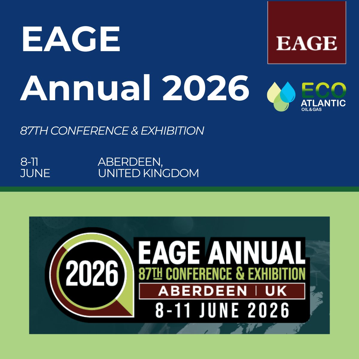 EcoAtlantic_OG's tweet photo. We're pleased to share that #ECO's Senior Geoscientist, Niall Sayers, will be attending the EAGE Annual 2026 Conference & Exhibition from 8–11 June.

As one of the leading events for geoscience and energy professionals, EAGE provides an excellent opportunity to discuss the latest developments across the exploration sector, emerging opportunities in key basins, and the role of technical innovation in unlocking value.

If you'll be attending and would like to meet with Niall, please get in touch.