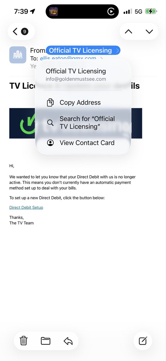 EllisPEaton's tweet photo. @tvlicensing received this scam email https://t.co/TchWevlWoG