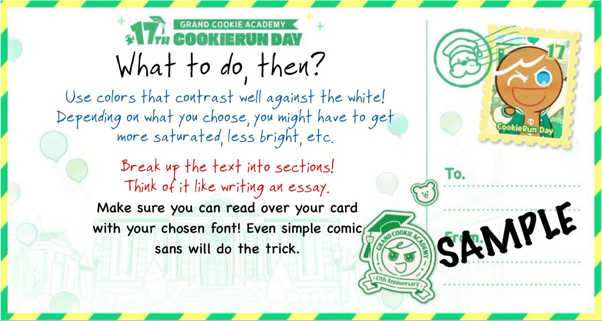 bitter_thunder's tweet photo. #CookieRun17thAnniversary #GrandCookieAcademy

remember have fun when putting these postcards together BUT please make sure that you (+ hopefully, your favorite cookie) can read over your message!

(note: these are just tips! please don’t take this as a “rulebook” to follow 1:1) https://t.co/fGGGfu8n0v