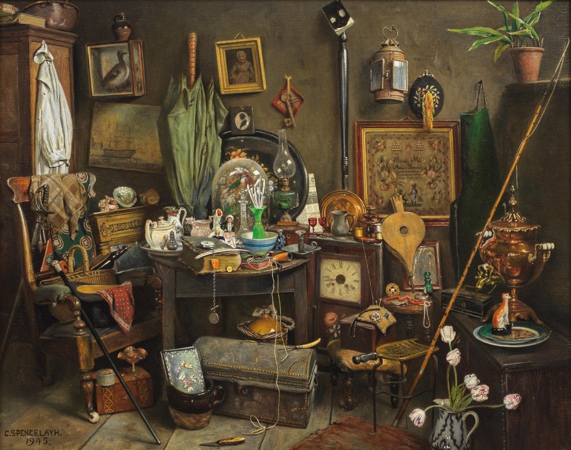 artinsociety's tweet photo. British artist Charles Spencelayh achieved a precise, almost photographic level of detail in his domestic interiors. Here he depicts the prized possessions from the long lives of an elderly couple ~ whom we can see in the mirror (Grandfather’s & Grandmother’s Treasures, 1945)
https://t.co/tUKQCAKnyD