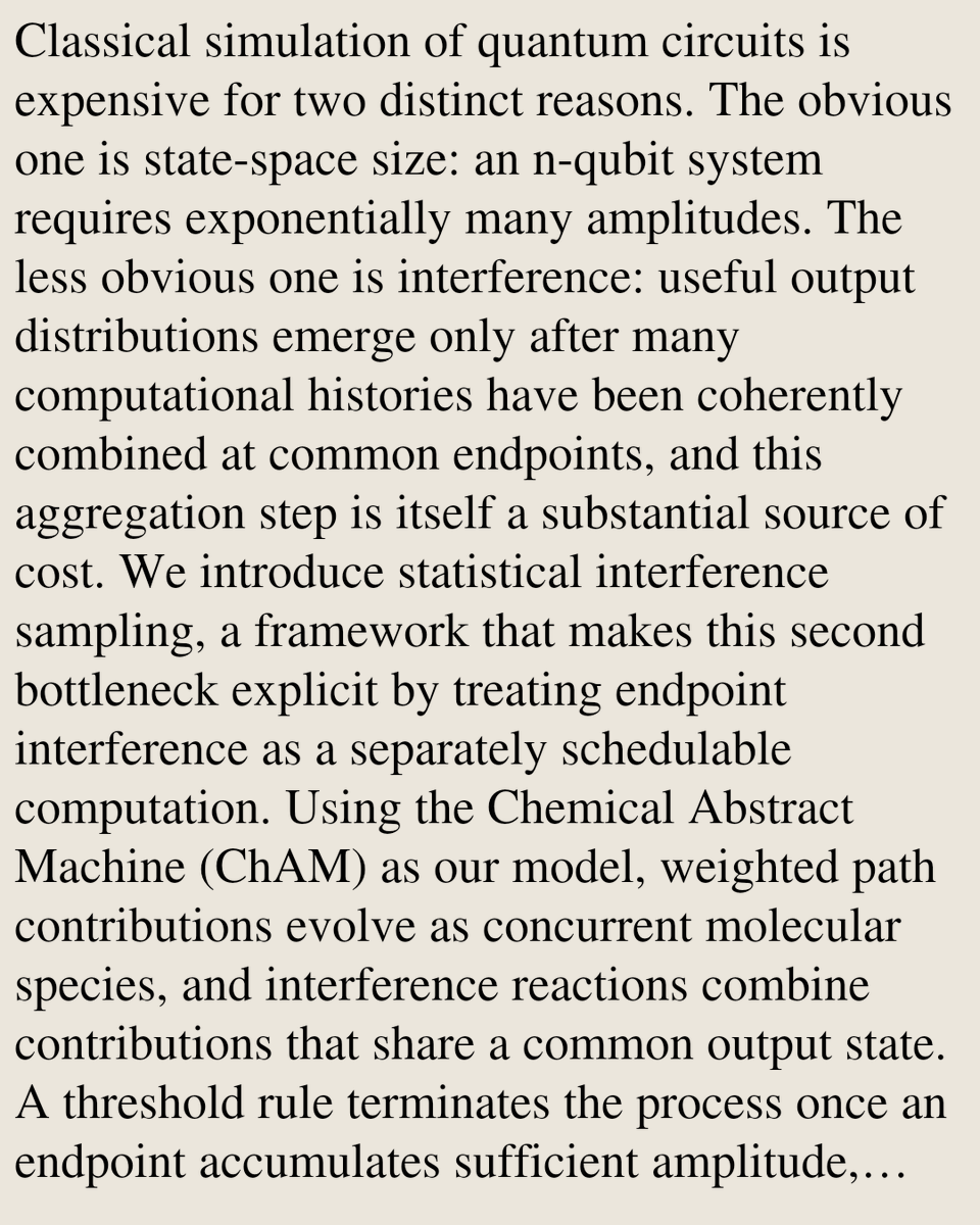 QuantumPapers's tweet photo. Half the Interference, Most of the Answer: Approximate Quantum Simulation via Path-Sum Pruning

Sinan Pehlivanoglu, Srinivasan Iyengar, Amr Sabry
https://t.co/Geke0aMFFj [𝚚𝚞𝚊𝚗𝚝-𝚙𝚑]
💬Submitted to Physical Review X for consideration https://t.co/tZN9dobd6c