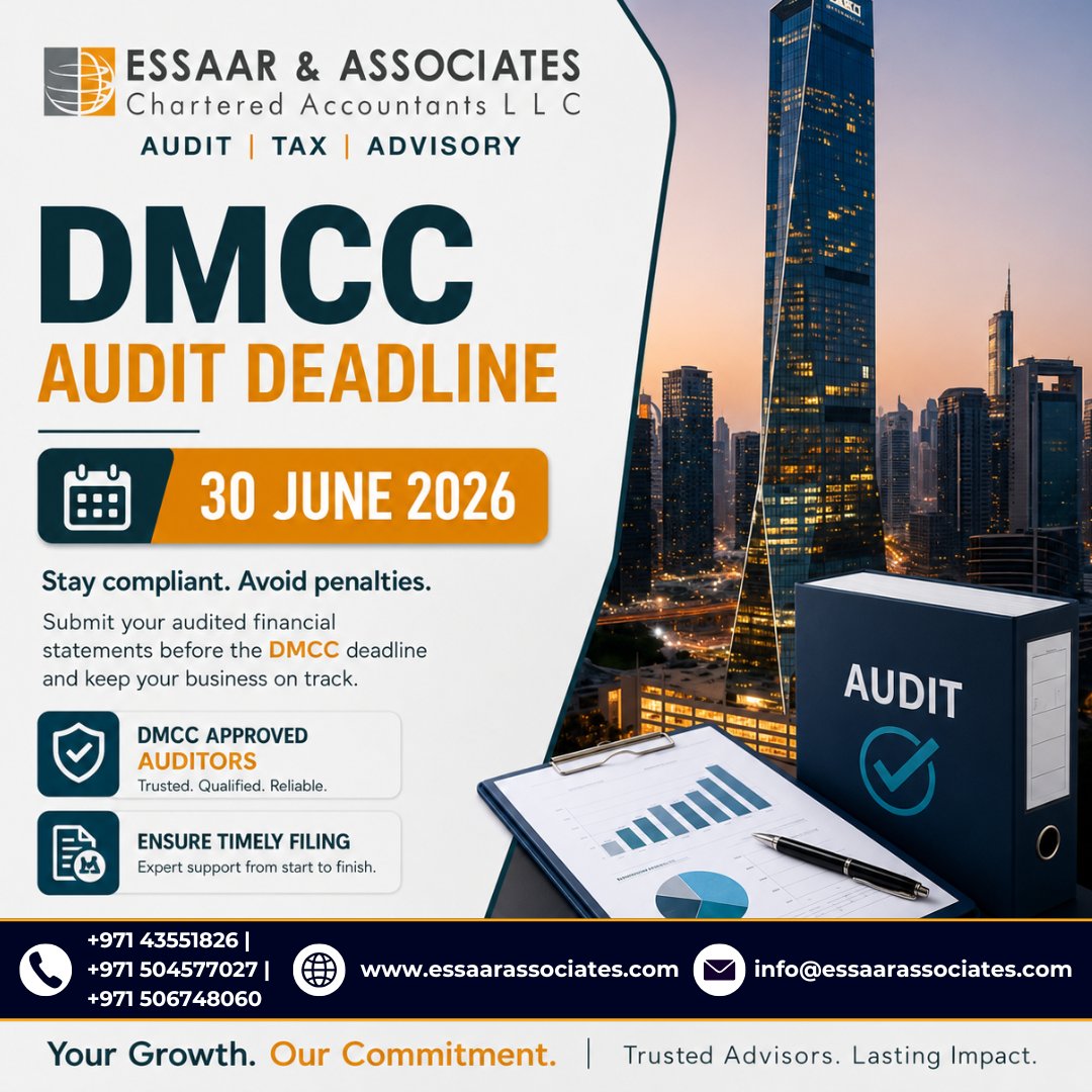 essaarassociate's tweet photo. 📢 DMCC Audit Deadline: 30 June 2026

Avoid penalties and stay compliant. Submit your audited financial statements on time with support from DMCC-approved auditors.

📞 +971 43551826
🌐 https://t.co/enCLybXsxC
#DMCCAudit #DMCCCompliance #UAEBusiness #AuditServices #DubaiBusiness https://t.co/cflGv419sO
