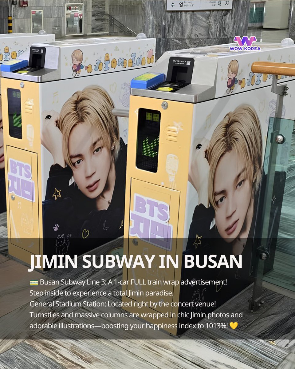 wowkos_official's tweet photo. General Stadium Station turns into Jimin City! 🏟️✨ Wrapped in gorgeous photos &amp; cute illustrations, your happiness index will hit 100%! 💛

#btsJimin #btsbusanconcert #btsarmy https://t.co/zpwMNpnh7T