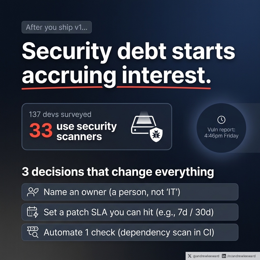 AndrewLeeWard's tweet photo. The moment you ship v1, you start accruing security debt interest.

Most teams do the visible stuff.
Logins. Permissions. Encryption.
Then they launch, move on, and quietly hope the internet behaves itself.

That hope is not a strategy.

A developer survey of 137 experienced mobile app developers had a detail I can’t unsee: only 33 said they use vulnerability or security scanners.

Now, I’m not here to dunk on dev teams. Everyone is busy. Roadmaps are packed. Stakeholders want features. And security work is famously bad at looking impressive in a sprint review.

But if you’re a non-technical leader buying or building an app, here’s the unsexy truth:

Your security posture is mostly determined after launch.

Not by the one big “security push” before release.
Not by the pen test PDF you file away.
Not by the fact you used encryption and called it a day.

It’s determined by what happens next.

- How quickly you patch when something breaks
- How often you update dependencies before they become a museum exhibit
- Who owns triage and decisions when a vulnerability report lands at 4:46pm on a Friday
- Whether you discover issues early (automatically) or late (via an angry email)

Security debt works like product debt, but with a nastier kind of interest. The longer you leave it, the more expensive it gets to fix, and the more likely it becomes a real incident rather than a theoretical risk.

So what do you do, without turning yourself into a security expert?

Three decisions change everything.

1) Name an owner
Not “the team”. Not “IT”. Not “someone in engineering”.
A name.

This person is accountable for:
- triage (is this real, how bad is it, what’s the blast radius?)
- comms (who needs to know, what do we tell customers, what do we tell leadership?)
- prioritisation (what gets dropped so this gets done?)

You can delegate work. You can’t delegate accountability.

2) Set a patch SLA you can actually hit
This is where good intentions go to die, so keep it simple.

Something like:
- Critical vulnerabilities: patch within 7 days
- High: patch within 30 days

If you can do faster, great. If you can’t, don’t pretend you can.
The point is to force planning.

Because the real failure mode isn’t “we didn’t care”. It’s “we cared, but we didn’t resource it, and now it’s everyone’s problem at once”.

Also: your SLA is only as real as your ability to ship updates. If your release process is painful, your security posture will be painful too.

3) Automate one check
Don’t try to boil the ocean. Pick one automated control that runs every time you build.

Dependency scanning in CI is a brilliant start because it stops your backlog becoming archaeology.
It catches known vulnerable packages early, when the fix is cheap, and it creates a habit: security is part of delivery, not a separate project you keep postponing.

If you want to go further later, you can add more checks (static analysis, secret scanning, container scanning, etc). But one is enough to change behaviour.

Do those three things and you move from “we hope we’re fine” to “we respond predictably”.

And predictability is what customers, regulators, and insurers are really buying today.

Sources:
https://t.co/a62iXgFHEi
https://t.co/2tVGEH4J9H