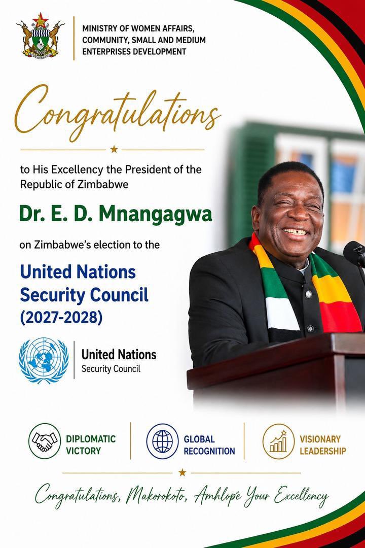 mwacsmed's tweet photo. Congratulations to His Excellency, the President of the Republic of Zimbabwe, @edmnangagwa, the Government and people of #Zimbabwe 🇿🇼 on the country’s historic election as a Non-Permanent Member of the United Nations Security Council (UNSC) for the 2027–2028 term.

@InfoMinZW https://t.co/E1s5rchX1h