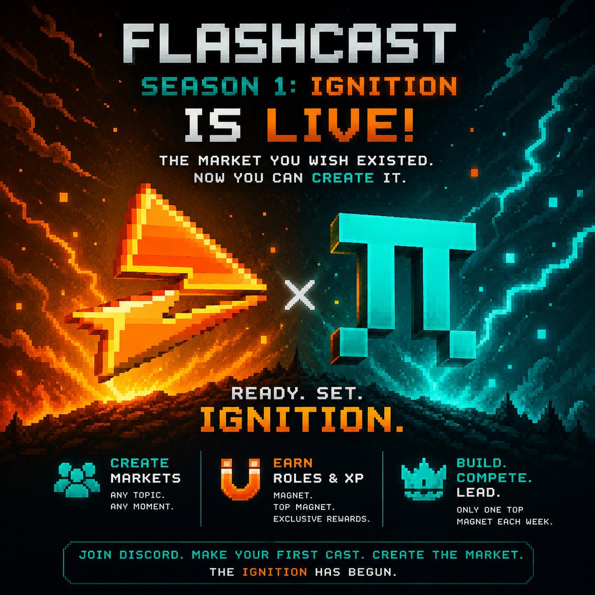 CP_JACK_'s tweet photo. Most platforms let you bet on markets.

Flashcast lets you create them.

Season 1: IGNITION is officially live, and the first movers are already competing for roles, XP, and 
recognition.

Start with Level 1 👇
• Join the Discord
• Like + QT the launch thread
• Make your first cast

Then comes the real challenge.

Create a market that attracts 10+ unique bettors and earn the Magnet role.

Build the most active market of the week and you could become the Top Magnet a title only one creator can claim.

What excites me most is the idea itself:

Every prediction
Every debate
Every hot take
Every moment

Can become a market.

The people who understand this early won't just participate in Season 1...

They'll help define it
Ready Set Ignition

What's the first market you're launching?