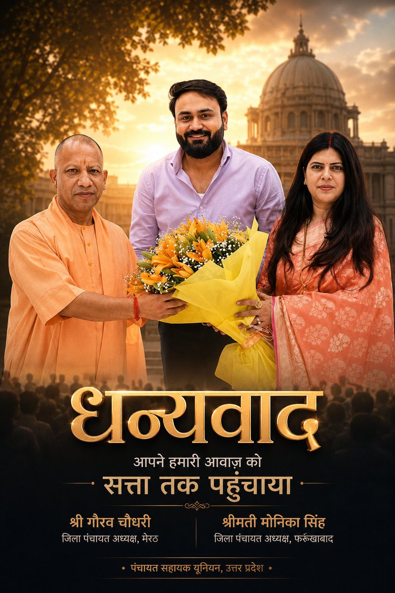 psunionup's tweet photo. #UPkePanchayatSahayak

आदरणीय श्री गौरव चौधरी जी
जिला पंचायत अध्यक्ष, मेरठ
एवं आदरणीया श्रीमती मोनिका सिंह जी @MonikaYadav_UP जिला पंचायत अध्यक्ष, फर्रुखाबाद पंचायत सहायकों की समस्याओं एवं मांगों को माननीय मुख्यमंत्री @myogiadityanath जी तक पहुँचाने तथा उनके समाधान हेतु मांगपत्र सौंपकर हमारी आवाज़ को मजबूती प्रदान करने के लिए समस्त पंचायत सहायकों की ओर से आपका हार्दिक धन्यवाद एवं आभार|

आपके इस प्रयास ने हजारों पंचायत सहायकों के हितों और अधिकारों की लड़ाई को नई शक्ति एवं उम्मीद प्रदान की है।

पंचायत सहायकों की आवाज़ को शासन तक पहुँचाने के लिए आपका योगदान सदैव स्मरणीय रहेगा।"

@AwasthiAwanishK
@Manojkmr_singh
@ChiefSecyUP
@uppanchayatiraj