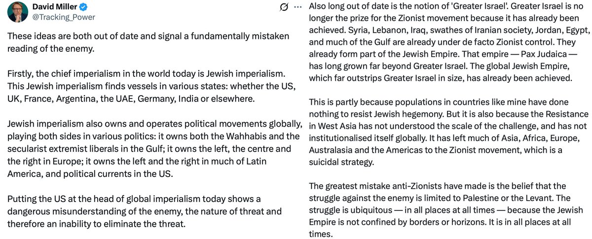 Never_Again2020's tweet photo. David Miller will appear at Westminster Magistrates’ Court today accused of posting antisemitic messages on X; meanwhile, yesterday he posted a long screed about a Jewish conspiracy to control the world ⬇️. He's either stupid, mentally unhinged or both. https://t.co/TARfwWZ7xu