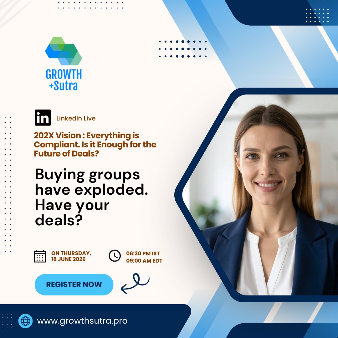GrowthSutra's tweet photo. Have your deals kept up with buying groups?

13 internal stakeholders shape B2B decisions today. Are your deals just about price? Join us on 18 June 6:30 PM IST, to explore what all-stakeholder-aligned deals look like! 

#BuyingCommittee #B2B #RevenueOps https://t.co/3POwnOc80f