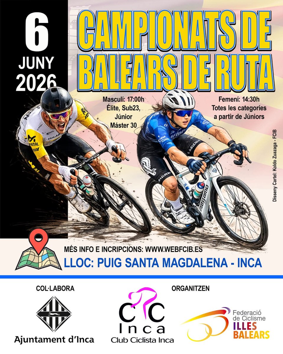 incaciutat's tweet photo. 🚴‍♂️🏆 Demà, el Puig de Santa Magdalena acull els Campionats de Balears de Ruta 2025!

📅 6 de juny
📍 Puig de Santa Magdalena, Inca

Vine a animar els millors ciclistes de les Illes en una jornada plena d'esport i emoció! 💪🚴‍♀️

T'hi esperam! 👏🏻 https://t.co/NuBPKB8Dda