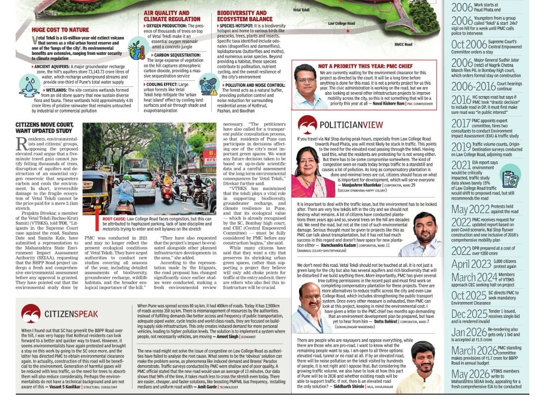 prajpanshikar's tweet photo. On the occasion of #WorldEnvironmentDay, commemorating the historic Stockholm Conference of 1972, we have to remind ourselves of the #publictrustdoctrine that recognizes that natural resources belong for the benefit of everybody. Government’s role is to preserve and protect these resources and ensure they are not privatised or limited in any manner. 

Where natural environment in Indian cities is fast deteriorating, weakening the capabilities for urban growth, Pune has the last remaining hills that are quintessential for water sustainability. #VetalTekdi is the highest natural point of the city, spanning over 2000acres, rich in biodiversity, containing a quarry wetland and dense man-made forest. The hill has no official protection, except that a part of it is a reserved forest area. It’s protected by common citizens for over four decades, who have a strong sense of place attachment to tekdi.  

Time and again thousands have come on the road to protect Vetal Tekdi and resist mindless construction projects. The last rally was as early as 2023 April when 5000 ple walked in rain to oppose a hasty construction tender by PMC for the #BalbhartiPaudPhata road project. @VTBKS_Pune was the outcome of that.

Battles to save the tekdi have gone till the Apex Court and even the https://t.co/GbpTQSRZT6 has recognised the environmental importance of this hill for Pune. It hasn’t given any green light to the road project but instead has asked for deeper assesment of ita environmental impact.

@PMCPune however, looks at the hill as an undeveloped parcel of land that can be made available to builders. It has wntirely disowned its role as a guardian of natural respurces. Transport projects proposed on the hill are not solutions but instead they are going to create serious irreversible resource problems for the city. 

A simple journalistic investigation testing PMC’s claims proves how unworthy these projects are! Read this article by @Salonee_TOIPune 

https://t.co/5Sfj6gpESc