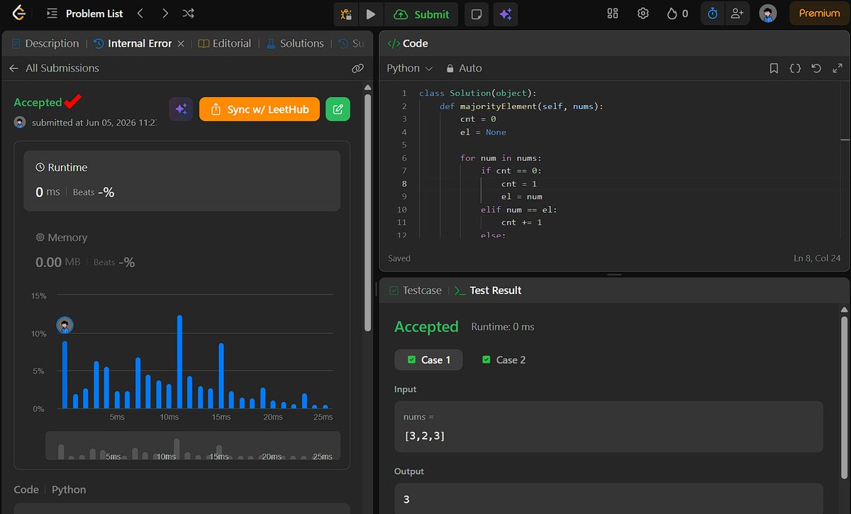 dipanshurdev's tweet photo. 📆Day 5/45 of #SDESheetChallenge by @takeUforward_ 

Solved:
- Search in a 2D Matrix
- Pow(x, n)
- Majority Element-I

#SDESheetChallenge #DSA #TakeUForward #python #leetcode https://t.co/ju7GT7reBt
