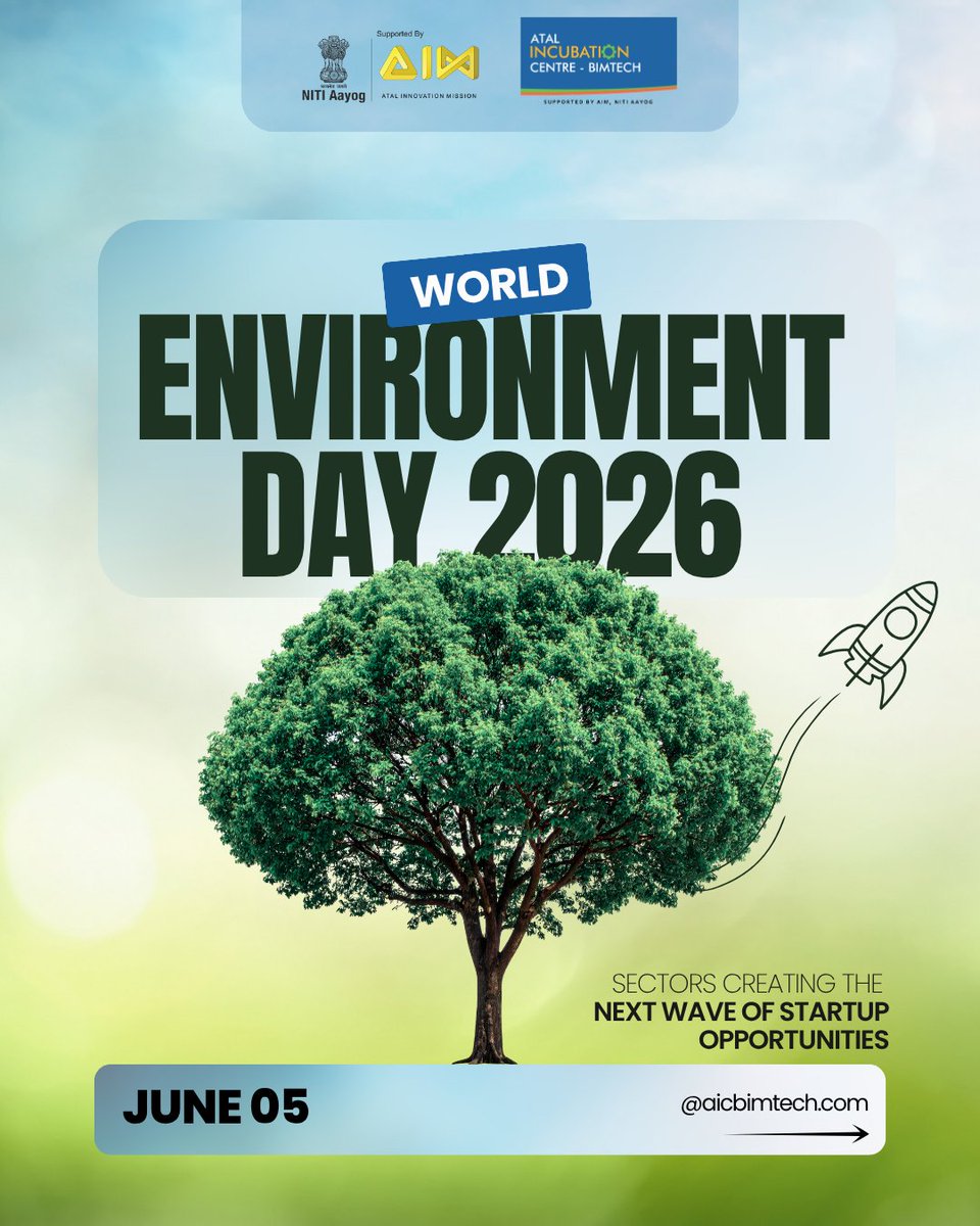 aicbimtech's tweet photo. 🌍 World Environment Day | 05 June 2026

From clean energy and climate tech to circular economy, agriculture and water innovation, sustainability is creating the next wave of startup opportunities.

#WorldEnvironmentDay #ClimateTech #CleanEnergy #Sustainability https://t.co/FelwtKM2Fv