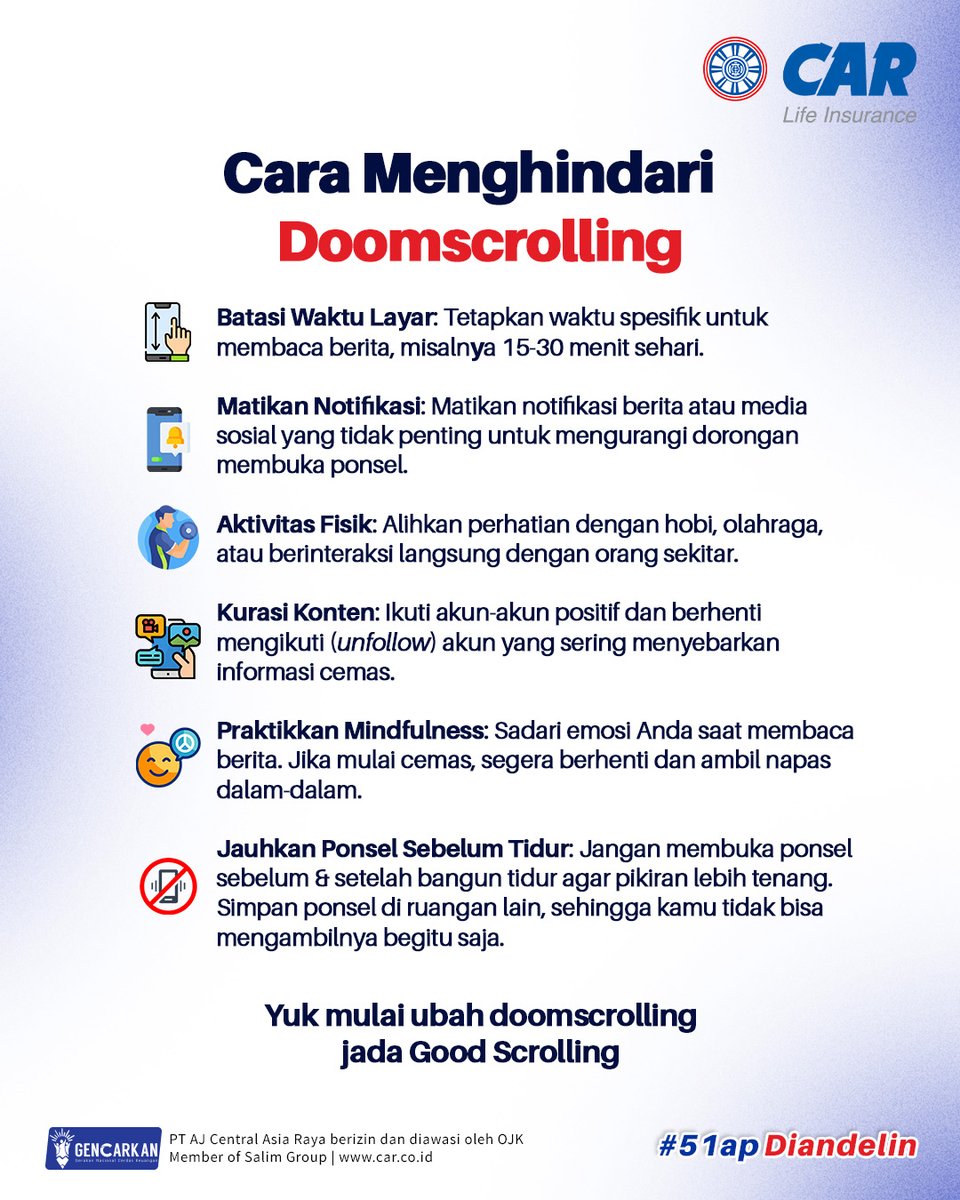 CARLife_ID's tweet photo. Scroll berita terus sampai bikin overthinking? Bisa jadi itu doomscrolling. Kebiasaan kecil di era digital yg ternyata bisa berdampak pd kesehatan mental jika dilakukan berlebihan. Yuk, mulai atur waktu layar &amp; jaga diri lebih baik. #Doomscrolling #KesehatanMental #SiapDiandelin https://t.co/eizyc4ZhSp