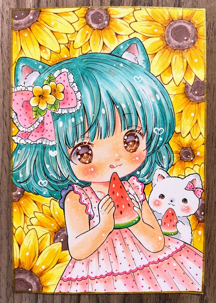 植物少女（額付き）アナログイラスト スイカ🍉向日葵🌻✨ ネコの女の子ฅ^•ﻌ•^ฅ♡ෆ.*・ﾟ #イラスト