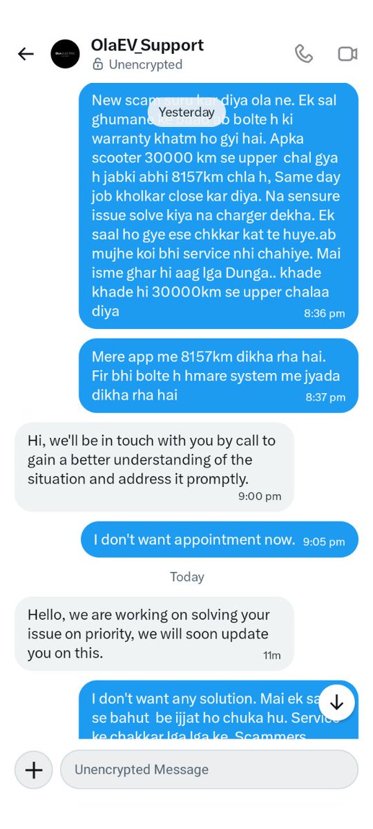 HariSplEducator's tweet photo. @ETNOWlive @OlaElectric New scam suru kar diya ola ne. Ek sal ghumane ke baad ab bolte h ki warranty khatm ho gyi hai. Apka scooter 30000 km se upper  chal gya h jabki abhi 8157km chla h, Same day job kholkar close kar diya. Na sensure issue solve kiya na charger dekha .@bhash @OlaEV_Support https://t.co/vBqEEbvAc1