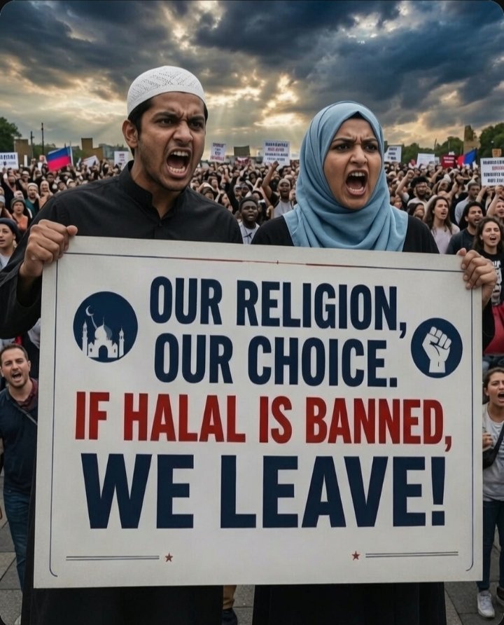 christywhy9's tweet photo. "Our religion, our choice. Ban halal… and we’re out."

Where do you draw the line between religious rights and national policy? https://t.co/fzEiz5xBNK