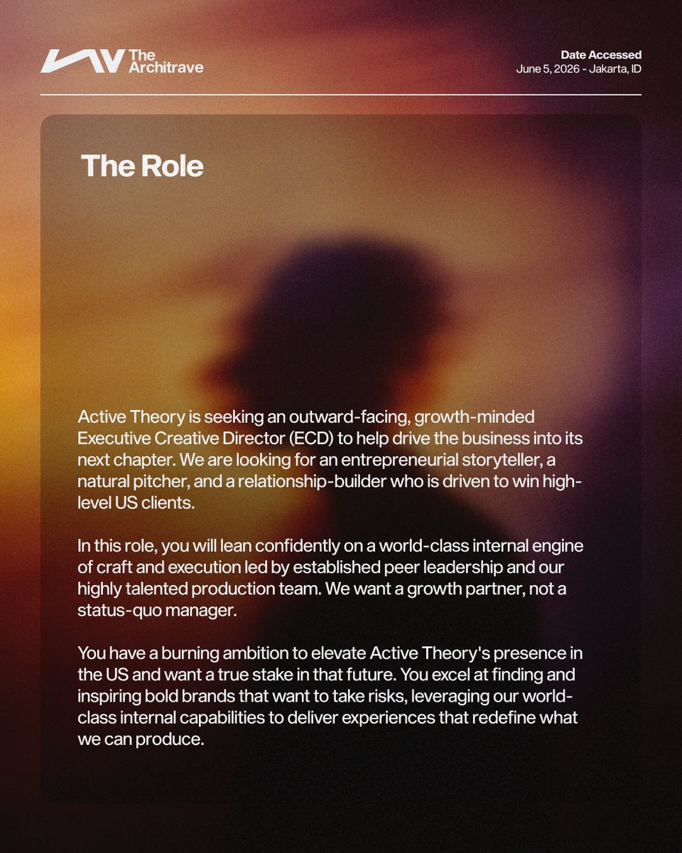 the_architrave's tweet photo. We’re sharing a new opportunity for an Executive Director at @activetheory

Active Theory is seeking an outward-facing, growth-minded Executive Creative Director (ECD) to help drive the business into its next chapter. 

🔗Apply: https://t.co/GzvAMAZxXB

#hiring #job #design https://t.co/oAEkbTHAwI