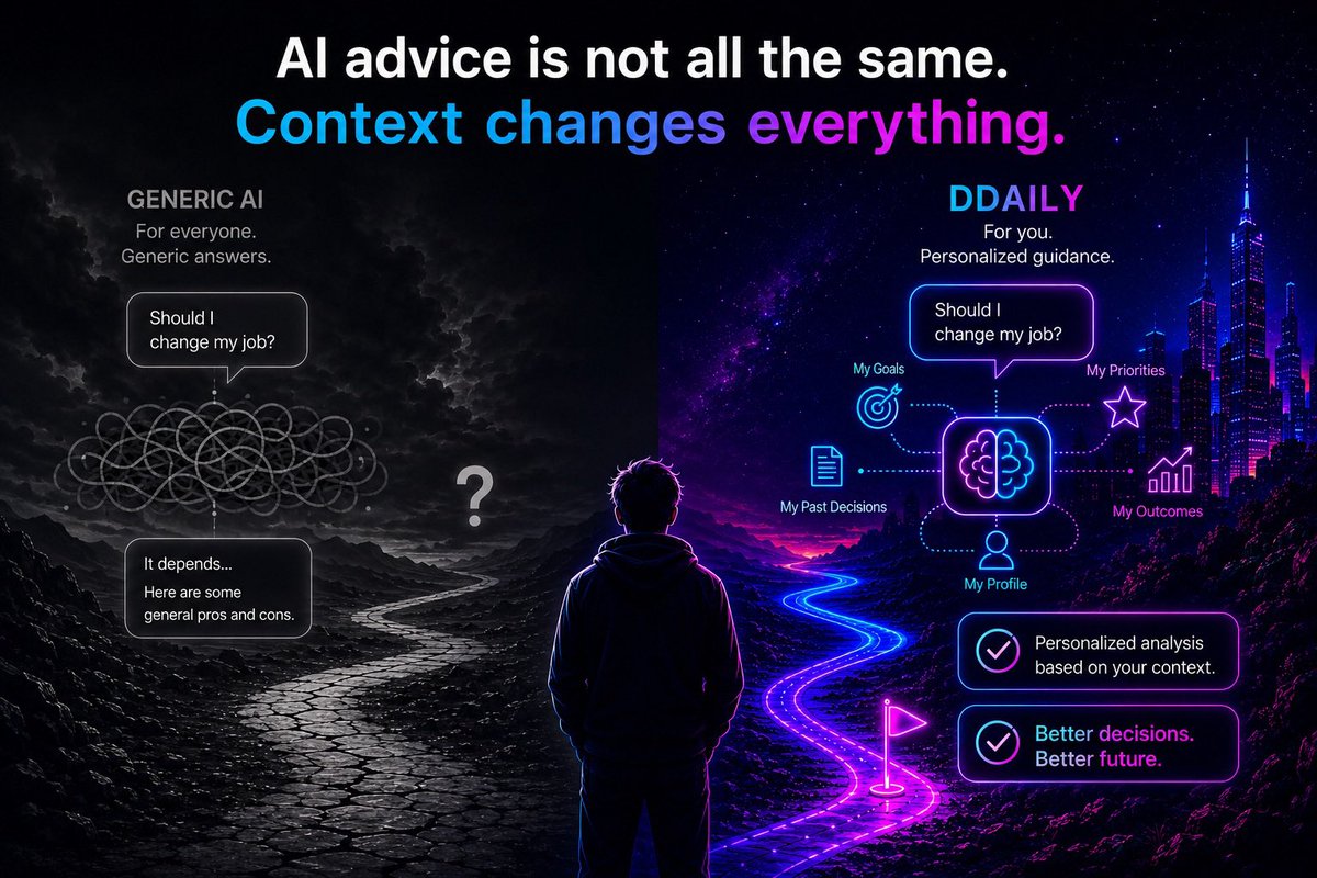 DDailyio's tweet photo. Generic AI gives generic answers.

DDaily remembers your goals, priorities, past decisions and outcomes — so advice becomes more personal over time.

AI advice is not all the same.
Context changes everything.

https://t.co/Za7Dk7IlEl

#AI #BuildInPublic #SaaS https://t.co/ngSO7MTQpW
