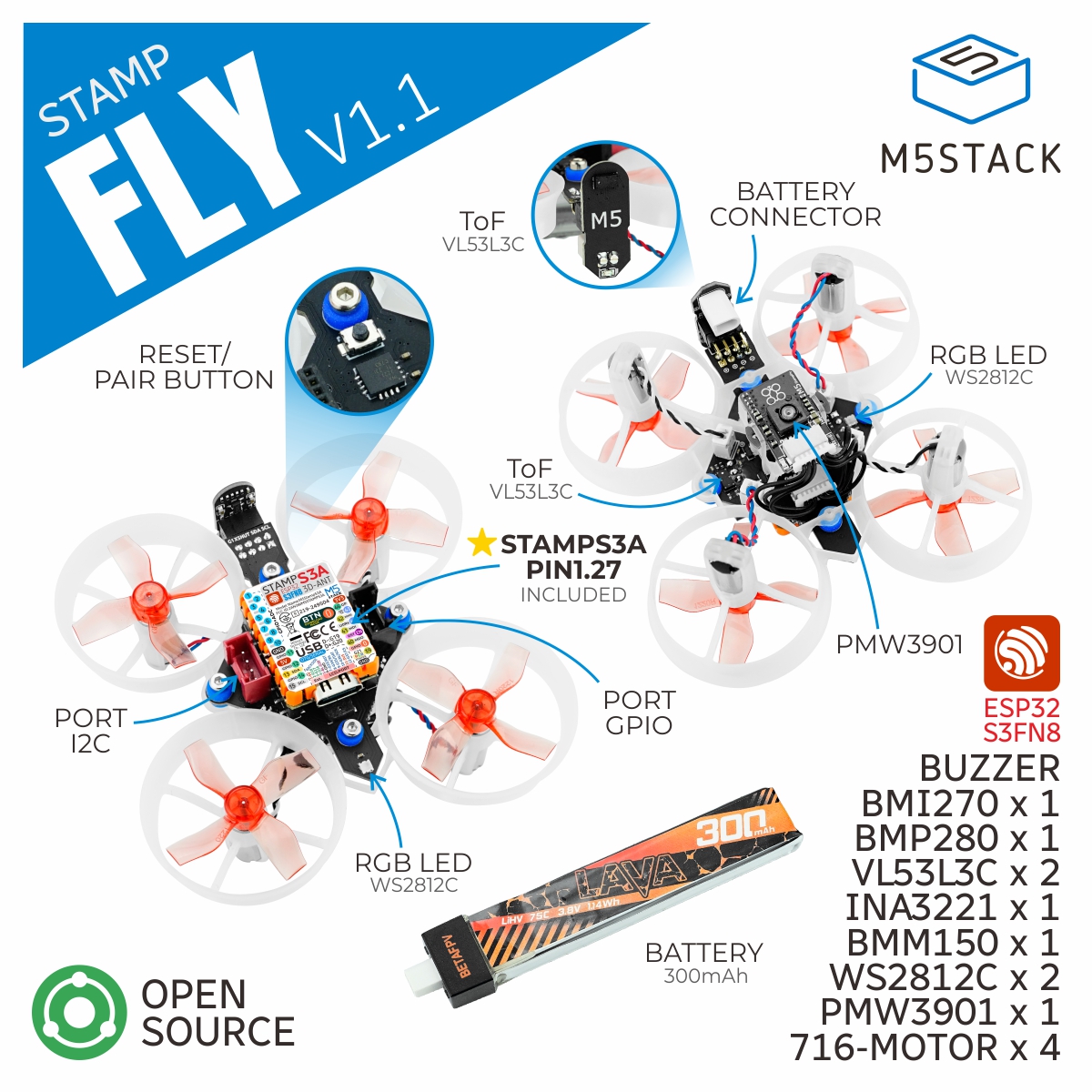 M5Stack's tweet photo. #M5StackNew 🎉 StampFly v1.1
StampFly v1.1 is a programmable open-source quadcopter kit. As an iterative upgrade to the StampFly series, its core improvement lies in upgrading the main control module from the Stamp-S3 to the more powerful Stamp-S3A.
✅BMP280 atmospheric pressure detection
✅VL53L3 distance sensor for altitude hold and obstacle avoidance
✅6-axis attitude sensor, 3-axis magnetometer for direction detection
✅300mAh high-voltage power battery, Current and voltage detection
🛒 Get Yours:
Shopify: https://t.co/7jST6RlN9s
#M5Stack #M5StackNew #IoT #Drone #OpenSourceHardware #STEM #FlightControl #EmbeddedSystems #ESPNow