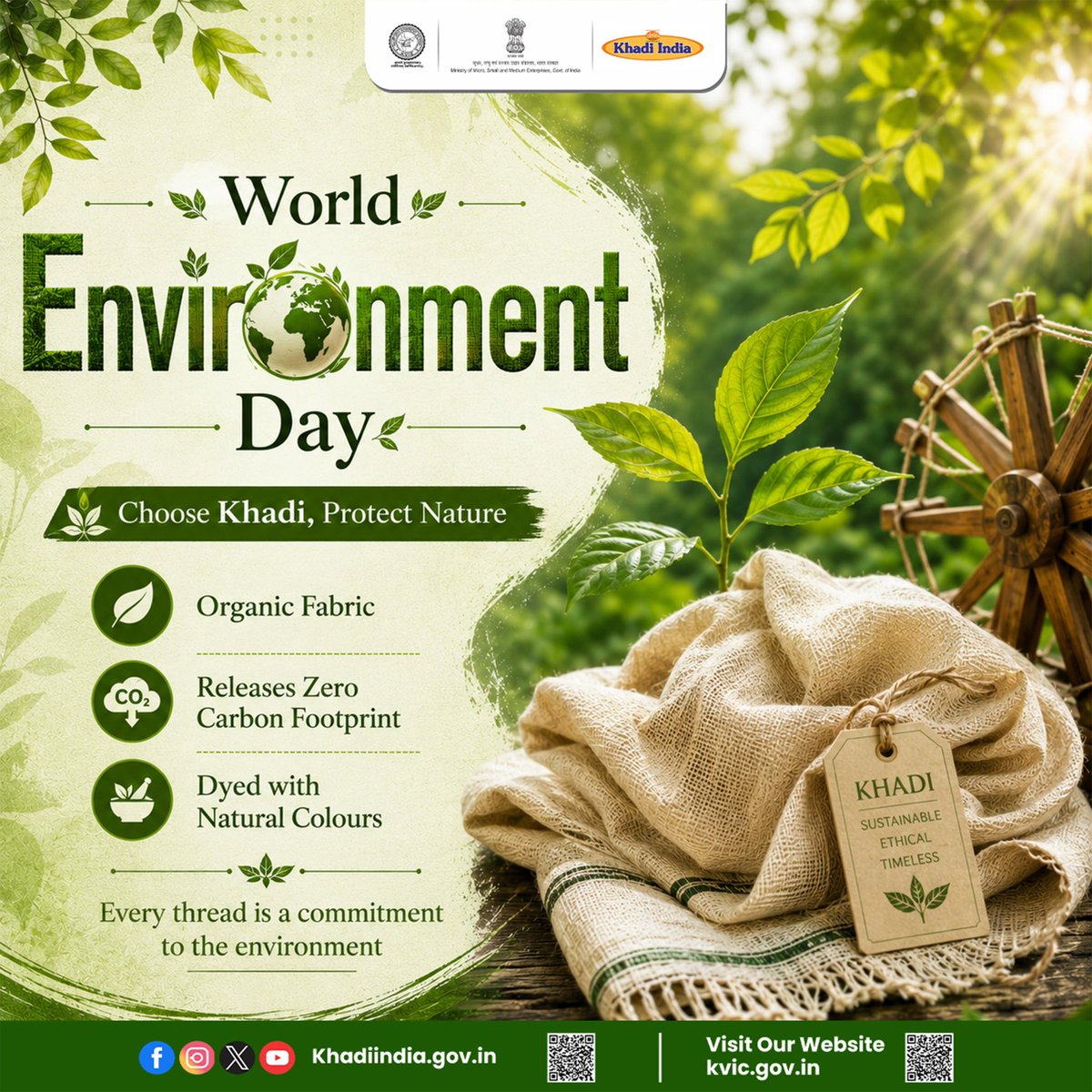 kvicindia's tweet photo. This World Environment Day, choose a fabric that breathes with nature.

Every single thread of Khadi is a commitment to a greener planet. Handspun and handwoven, Khadi is an organic fabric that releases zero carbon footprint and is dyed using the pure colors of nature. It’s not just a textile; it is a sustainable, ethical, and timeless philosophy.

Let’s weave a sustainable future together. Choose Khadi, Protect Nature.

#WorldEnvironmentDay 
#Khadi 
#KVIC 
#VocalForLocal
 #MakeInIndia
￼