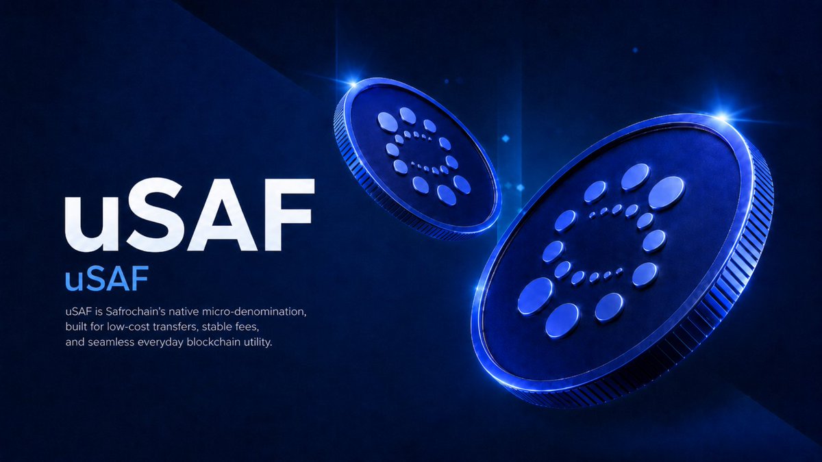safrochain's tweet photo. On Safrochain, uSAF is the native micro-denomination used for network fees.

In simple terms, it helps break transaction costs into very small units, so everyday
transfers can remain inexpensive and practical.

That matters because blockchain should not feel expensive to use.

If people want to send small payments, settle routine transactions, or move value
regularly, fees must stay predictable and affordable.

This is where uSAF becomes important.

It supports a stable fee surface for normal users, merchants, builders, and
communities who need blockchain for real activity, not just speculation.

Safrochain is not only focused on speed.
It is also focused on usability.

Because a payment network only becomes powerful when people can actually afford to
use it every day.