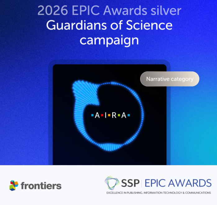 FrontImmunol's tweet photo. Two industry awards. One message: trusted science needs openness, integrity and responsible innovation.

A double win for Frontiers at the 2026 EPIC Awards from the Society for Scholarly Publishing.

🥇 Gold for our AI white paper
🥈 Silver for our Guardians of Science campaign https://t.co/6TlWtkfFv4